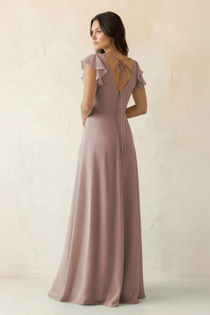 Toffee V-Neck Ruffled A-Line Chiffon Bridesmaid Dress (2) | KISSBRIDAL