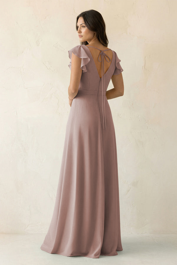 Toffee V-Neck Ruffled A-Line Chiffon Bridesmaid Dress (2) | KISSBRIDAL