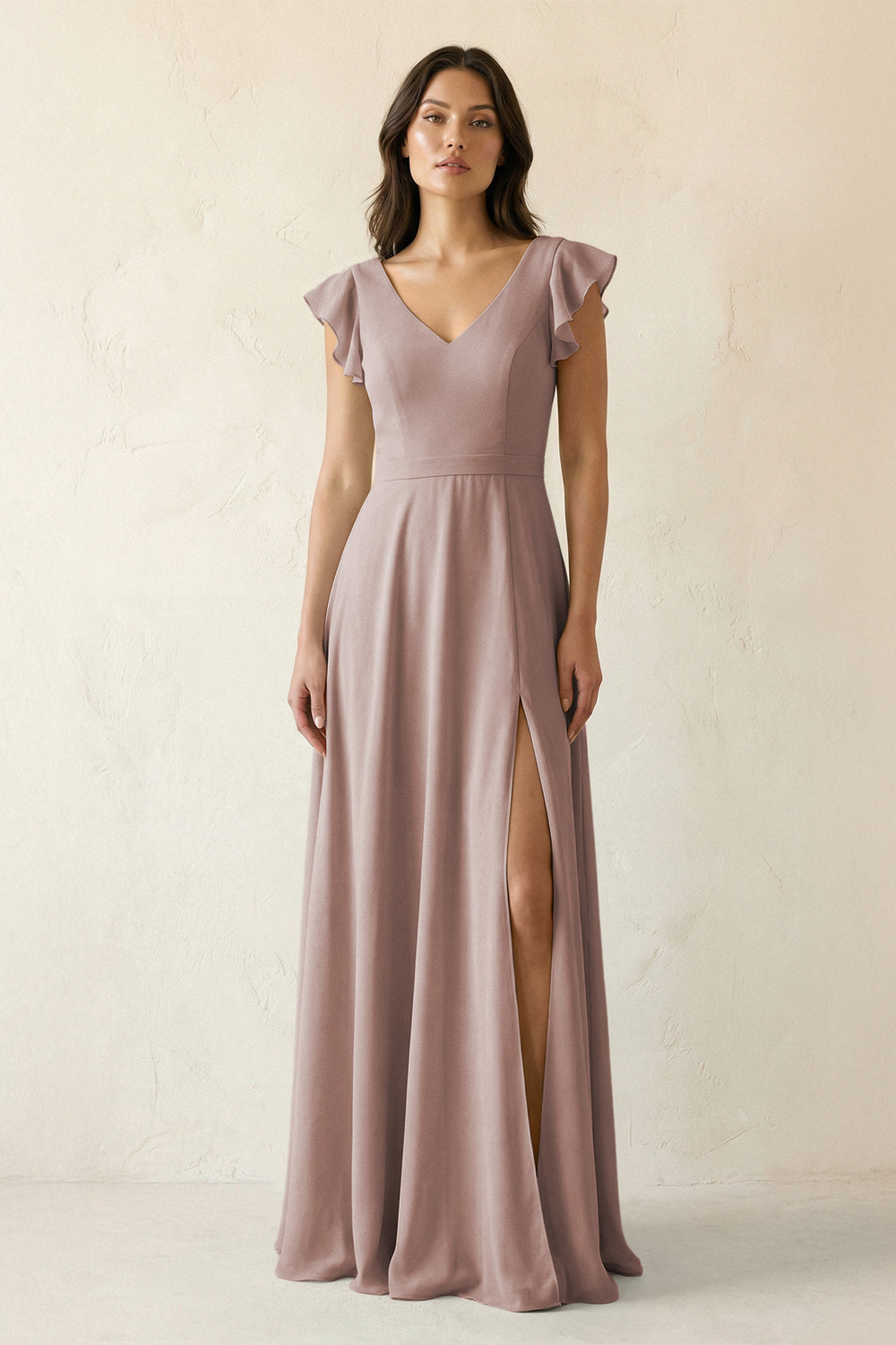 V-Neck Ruffled A-Line Chiffon Bridesmaid Dress in Toffee