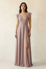 Toffee V-Neck Ruffled A-Line Chiffon Bridesmaid Dress | KISSBRIDAL