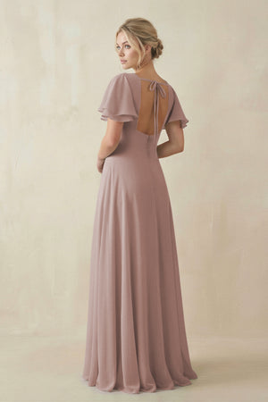 Toffee V-Neck Ruffled Short Sleeves A-Line Bridesmaid Dress (2) | KISSBRIDAL