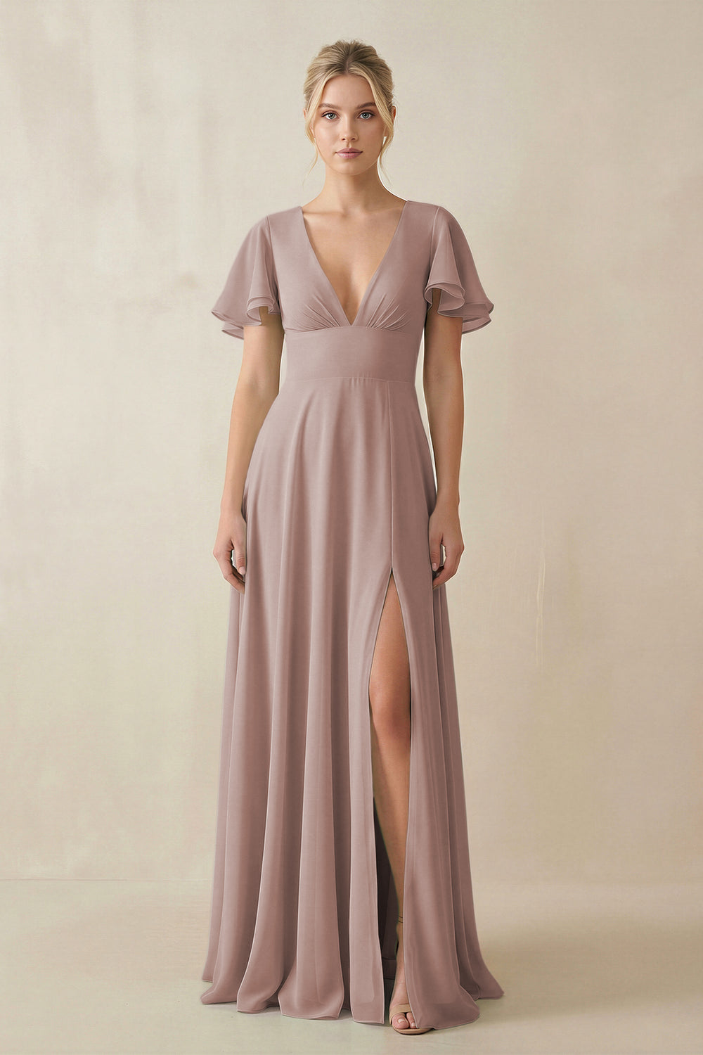 V-Neck Ruffled Short Sleeves A-Line Bridesmaid Dress in Toffee