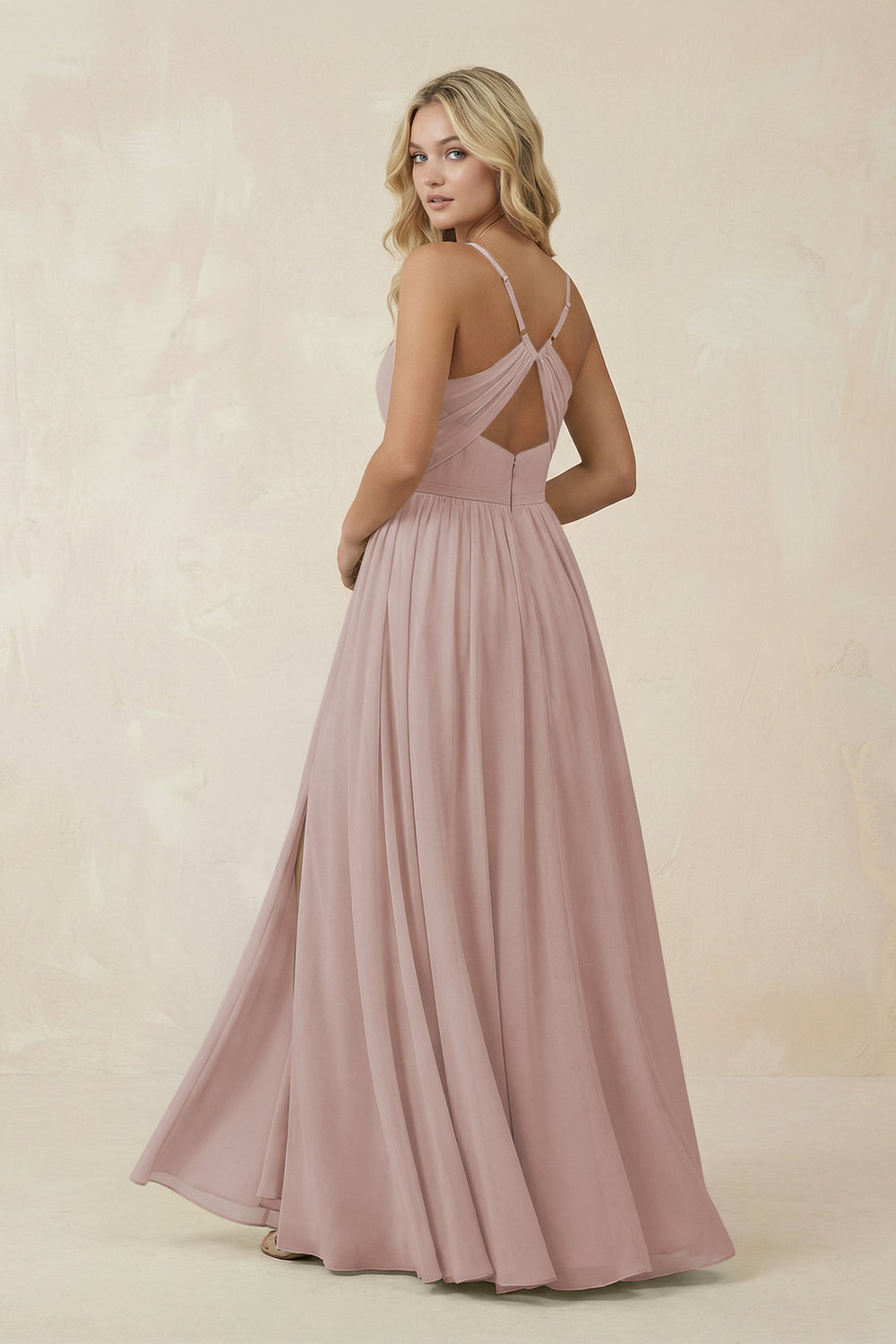 V-Neck Spaghetti Strap A-Line Chiffon Bridesmaid Dress in Toffee