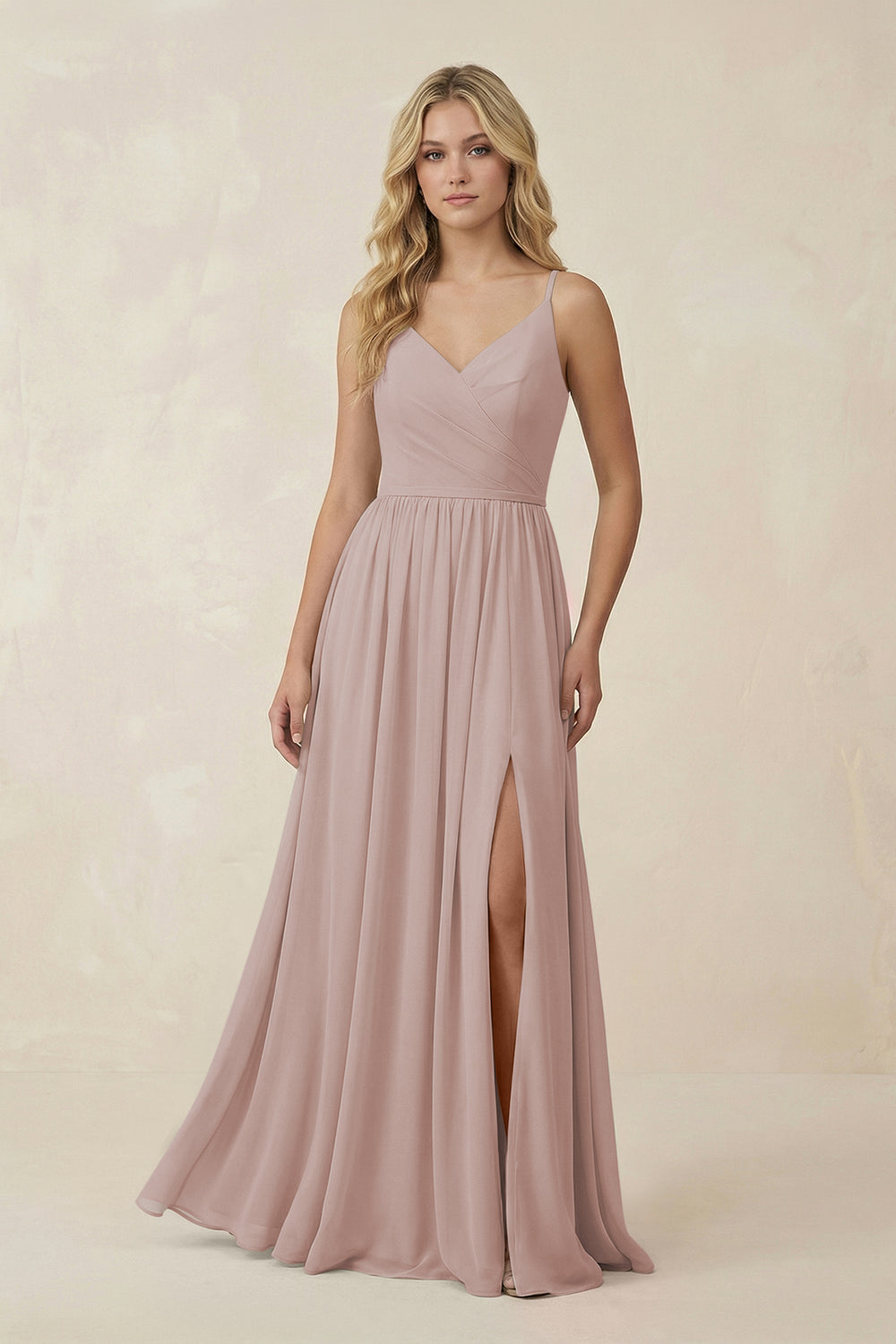 V-Neck Spaghetti Strap A-Line Chiffon Bridesmaid Dress in Toffee
