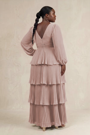 Toffee V-Neck Tiered A-Line Long Sleeve Bridesmaid Dress (2) [sizeplus] | KISSBRIDAL