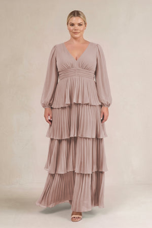Toffee V-Neck Tiered A-Line Long Sleeve Bridesmaid Dress (3) [sizeplus] | KISSBRIDAL