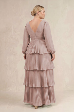 Toffee V-Neck Tiered A-Line Long Sleeve Bridesmaid Dress (4) [sizeplus] | KISSBRIDAL