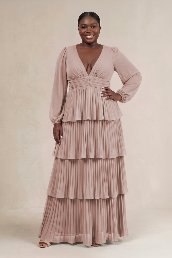 Toffee V-Neck Tiered A-Line Long Sleeve Bridesmaid Dress [sizeplus] | KISSBRIDAL