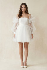 Tulle A - Line Long Sleeves Mini Wedding Dress in Ivory - KISS BRIDAL Wedding Dresses