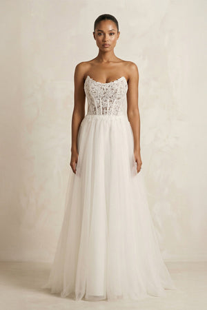 Tulle A - Line Strapless Corset Wedding Dress in Ivory - SHE IS ME Wedding Dresses