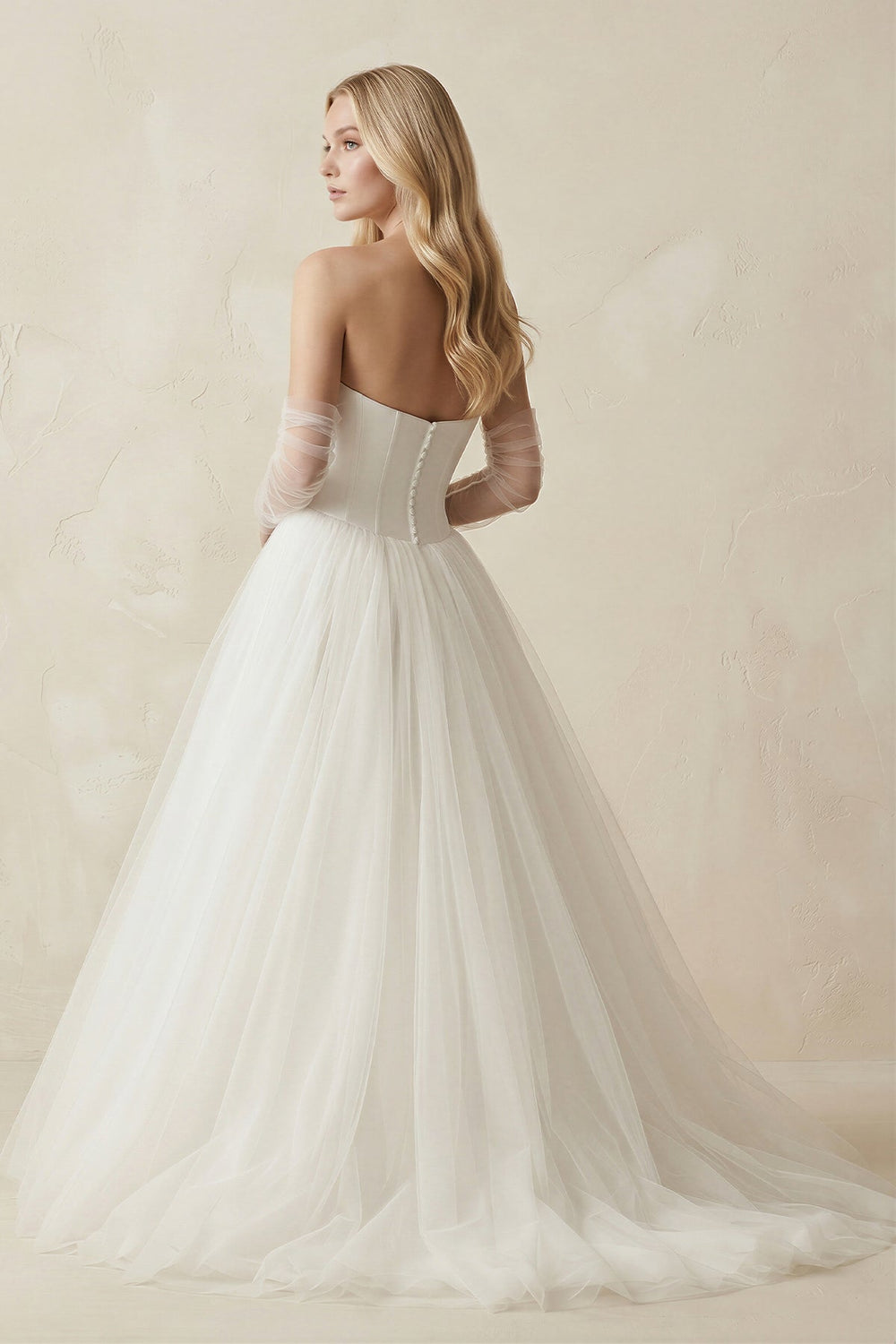 Tulle A - Line Strapless Wedding Dress With Sleeves in Ivory - KISS BRIDAL Wedding Dresses