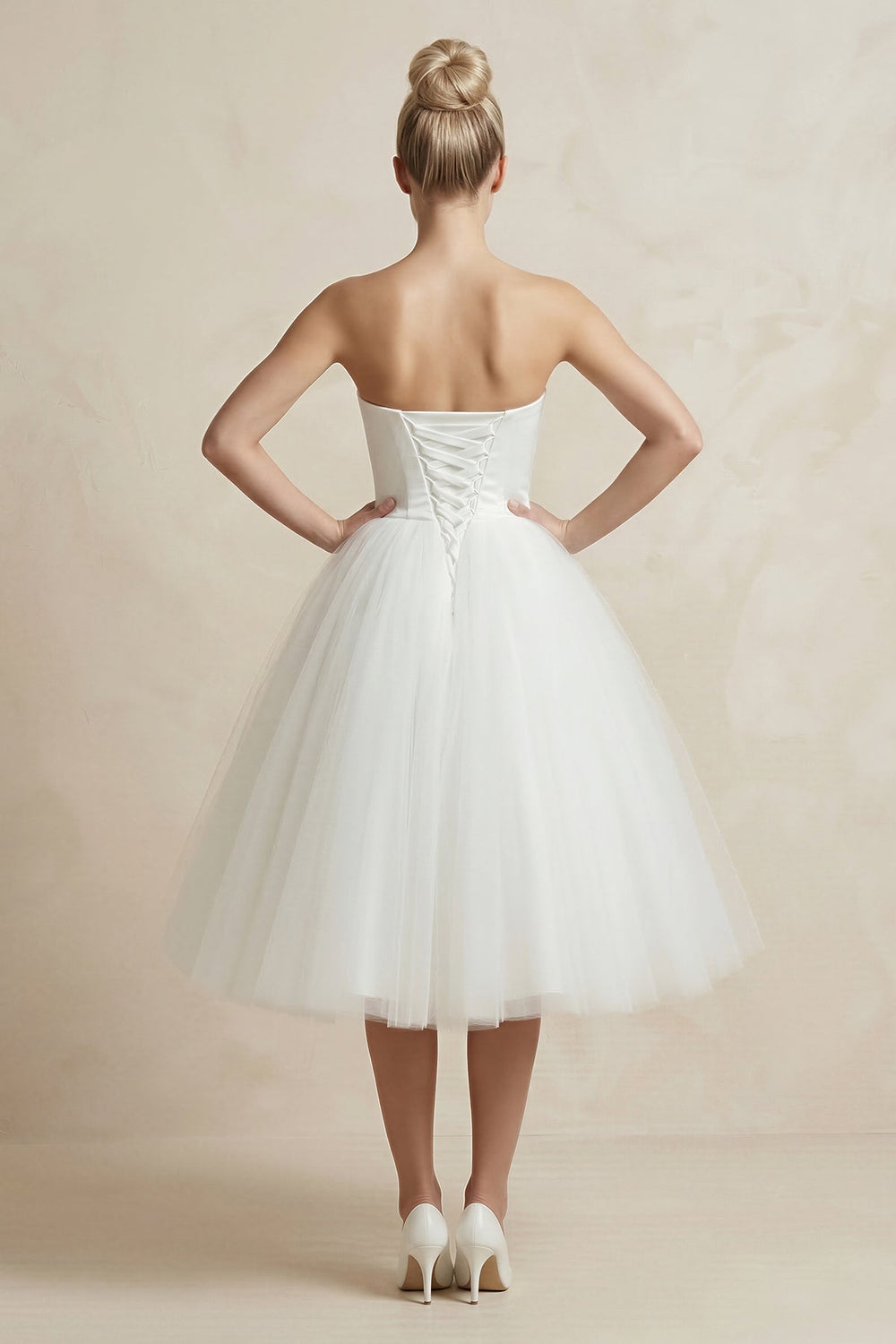 Tulle A - Line Sweetheart Midi Wedding Dress in White - KISS BRIDAL Wedding Dresses