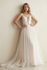 Tulle V - Neck A - Line Appliqued Wedding Dress in Ivory - KISS BRIDAL Wedding Dresses