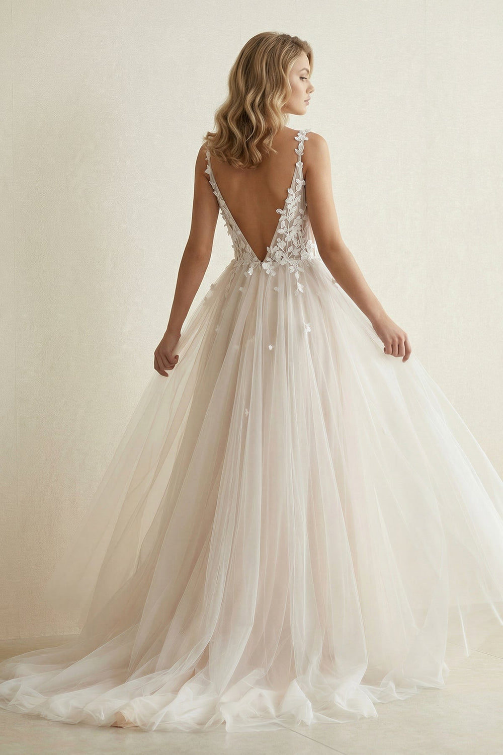Tulle V - Neck A - Line Appliqued Wedding Dress in Ivory - KISS BRIDAL Wedding Dresses