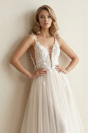 Tulle V - Neck A - Line Appliqued Wedding Dress in Ivory - SHE IS ME Wedding Dresses