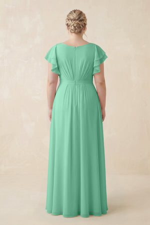 Turquoise Cap Sleeve Ruffled A-Line Chiffon Bridesmaid Dress (2) [sizeplus]  | KISSBRIDAL