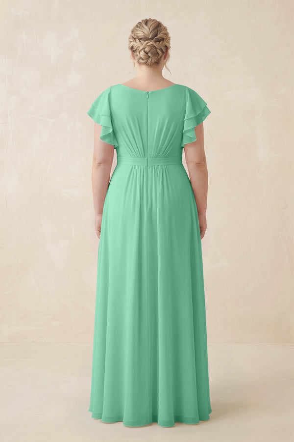 Turquoise Cap Sleeve Ruffled A-Line Chiffon Bridesmaid Dress (2) [sizeplus]  | KISSBRIDAL