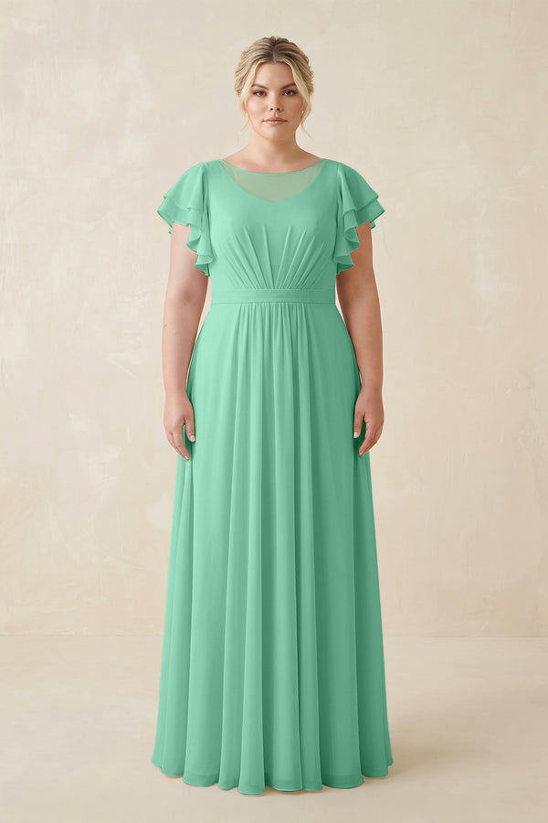 Turquoise Cap Sleeve Ruffled A-Line Chiffon Bridesmaid Dress [sizeplus]  | KISSBRIDAL