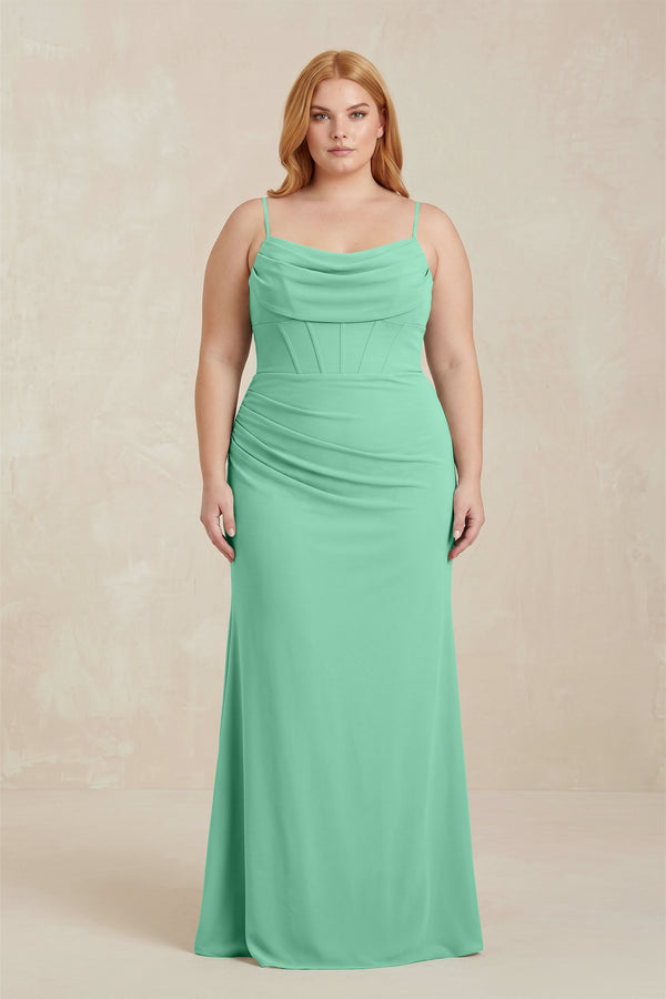 Turquoise Cowl Neck Sheath Chiffon Bridesmaid Dress with Corset [sizeplus]  | KISSBRIDAL