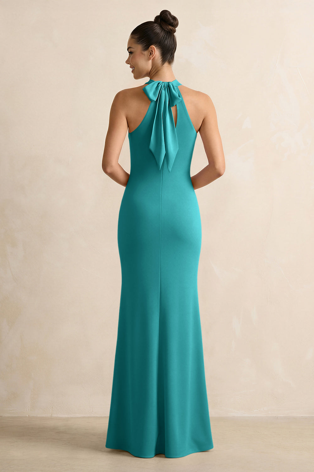 Crisscross Halter Sheath Satin Bridesmaid Dress with Bow in Turquoise