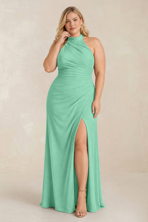 Turquoise High Neck Chiffon Sheath Ruched Bridesmaid Dress [sizeplus] | KISSBRIDAL