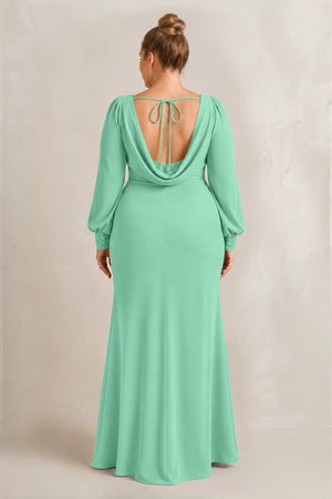 Turquoise Long Sleeve V-Neck Sheath Chiffon Bridesmaid Dress (2) [sizeplus] | KISSBRIDAL