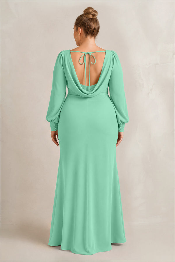 Turquoise Long Sleeve V-Neck Sheath Chiffon Bridesmaid Dress (2) [sizeplus] | KISSBRIDAL