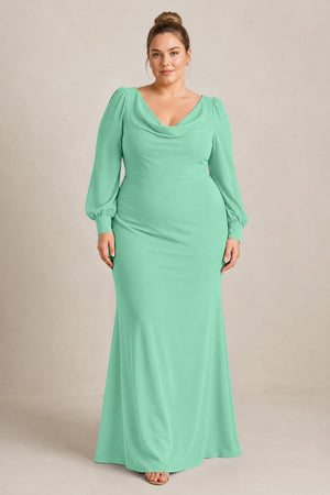 Turquoise Long Sleeve V-Neck Sheath Chiffon Bridesmaid Dress [sizeplus] | KISSBRIDAL