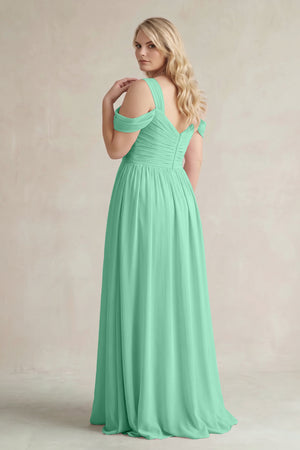 Turquoise Off-the-Shoulder A-Line Chiffon Bridesmaid Dress With Slit (2) | KISSBRIDAL
