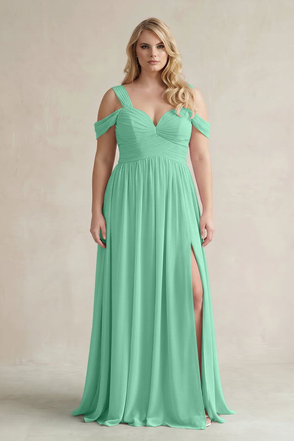 Turquoise Off-the-Shoulder A-Line Chiffon Bridesmaid Dress With Slit | KISSBRIDAL