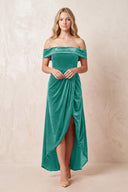 Off - the - Shoulder Sheath Velvet Midi Bridesmaid Dress in Turquoise - KISS BRIDAL Bridesmaid Dresses
