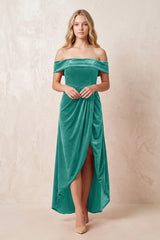 Off - the - Shoulder Sheath Velvet Midi Bridesmaid Dress in Turquoise - KISS BRIDAL Bridesmaid Dresses