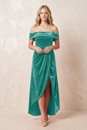 Off - the - Shoulder Sheath Velvet Midi Bridesmaid Dress in Turquoise - KISS BRIDAL Bridesmaid Dresses