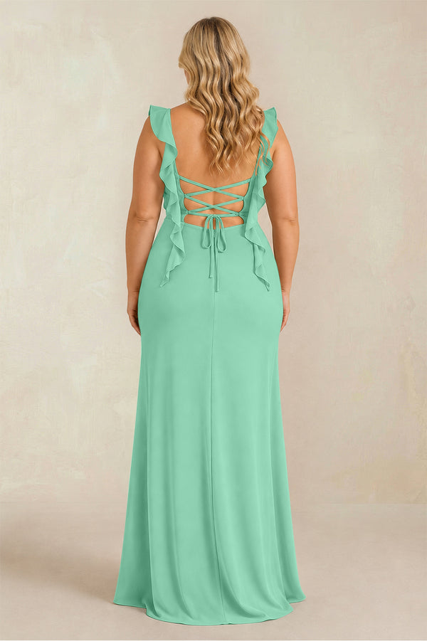 Turquoise Ruffled Sleeve Ruched Sheath Chiffon Bridesmaid Dress (2) [sizeplus] | KISSBRIDAL