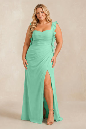 Turquoise Ruffled Sleeve Ruched Sheath Chiffon Bridesmaid Dress [sizeplus] | KISSBRIDAL