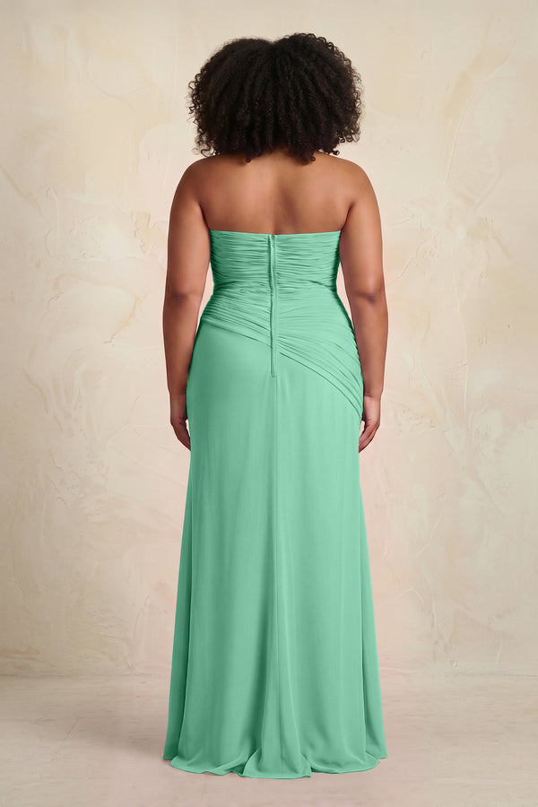 Turquoise Sheath Chiffon Strapless Pleated Bridesmaid Dress (2) | KISSBRIDAL[sizeplus]