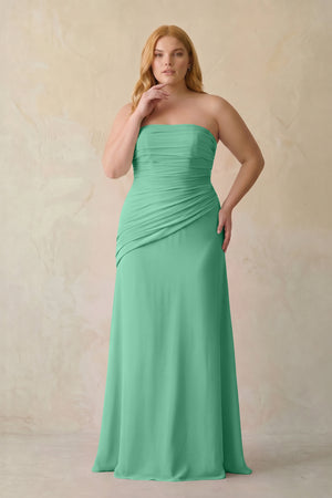 Turquoise Sheath Chiffon Strapless Pleated Bridesmaid Dress (3) | KISSBRIDAL[sizeplus]