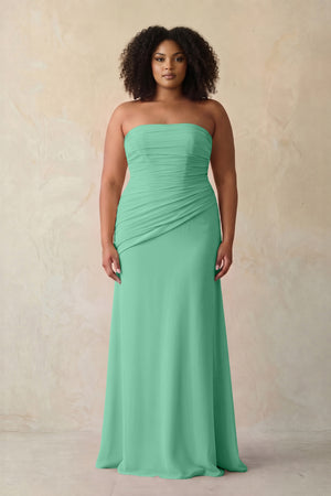 Turquoise Sheath Chiffon Strapless Pleated Bridesmaid Dress | KISSBRIDAL[sizeplus]