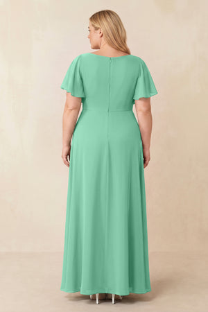 Turquoise Short Sleeves Bateau A-Line Chiffon Bridesmaid Dress (2) [sizeplus] | KISSBRIDAL