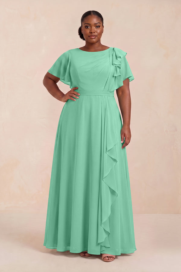 Turquoise Short Sleeves Bateau A-Line Chiffon Bridesmaid Dress (3) [sizeplus] | KISSBRIDAL