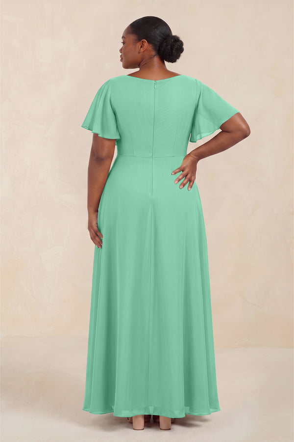 Turquoise Short Sleeves Bateau A-Line Chiffon Bridesmaid Dress (4) [sizeplus] | KISSBRIDAL