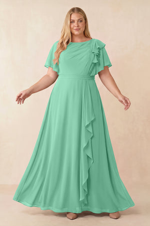 Turquoise Short Sleeves Bateau A-Line Chiffon Bridesmaid Dress [sizeplus] | KISSBRIDAL