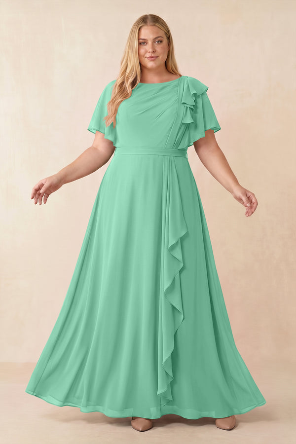 Turquoise Short Sleeves Bateau A-Line Chiffon Bridesmaid Dress [sizeplus] | KISSBRIDAL