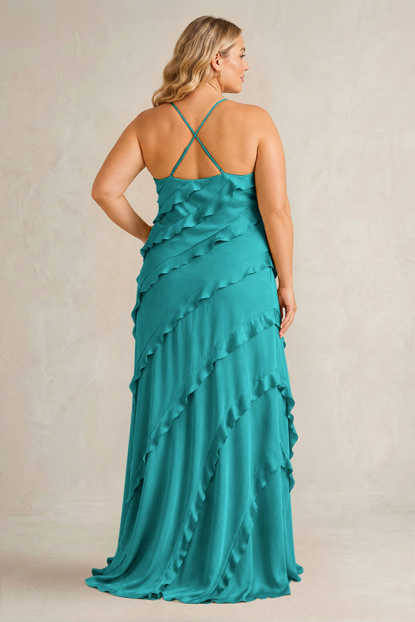 Turquoise Spaghetti Straps Sheath Stain Ruffled Bridesmaid Dress (2) | KISSBRIDAL[sizeplus]
