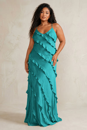 Turquoise Spaghetti Straps Sheath Stain Ruffled Bridesmaid Dress (3) | KISSBRIDAL[sizeplus]