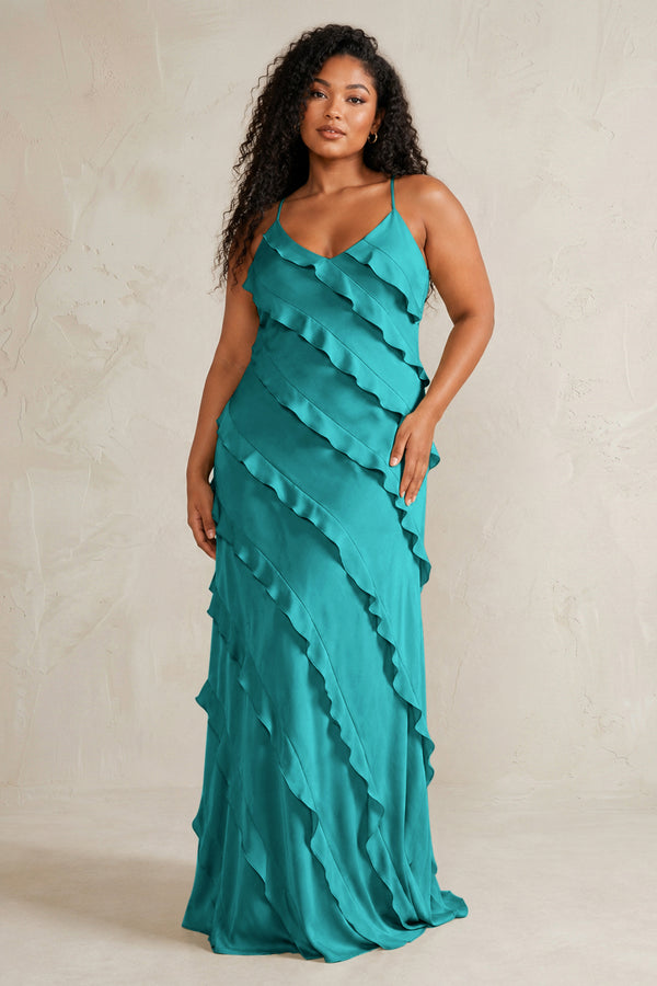 Turquoise Spaghetti Straps Sheath Stain Ruffled Bridesmaid Dress (3) | KISSBRIDAL[sizeplus]