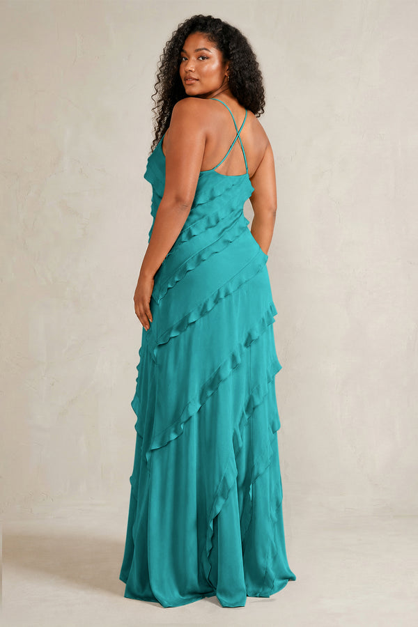 Turquoise Spaghetti Straps Sheath Stain Ruffled Bridesmaid Dress (4) | KISSBRIDAL[sizeplus]