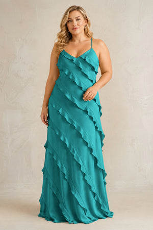 Turquoise Spaghetti Straps Sheath Stain Ruffled Bridesmaid Dress | KISSBRIDAL[sizeplus]