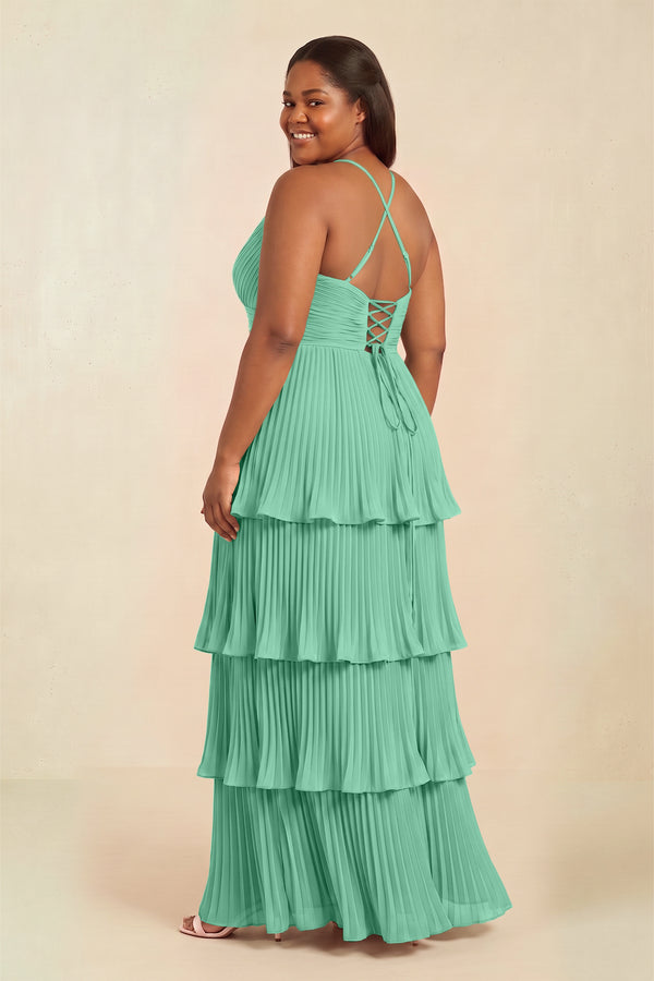 Turquoise Tiered Pleated V-Neck A-Line Chiffon Bridesmaid Dress (2) [sizeplus] | KISSBRIDAL