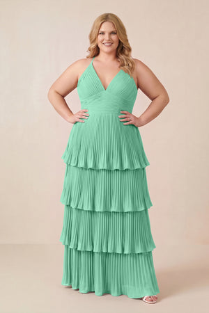 Turquoise Tiered Pleated V-Neck A-Line Chiffon Bridesmaid Dress (3) [sizeplus] | KISSBRIDAL